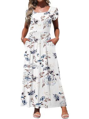 Women's Floral White Square Neck Maxi Petal Short Sleeve Casual Long Dress